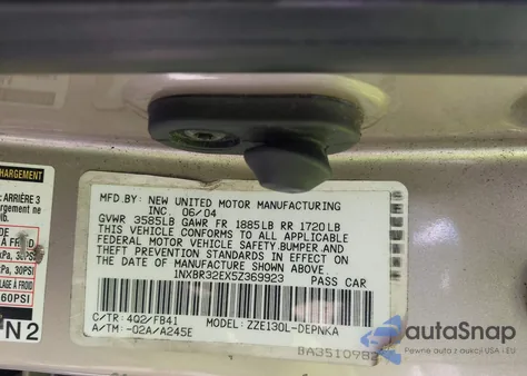 2005 Toyota Corolla Le из США, поврежденный, VIN 1NXBR32EX5Z369923